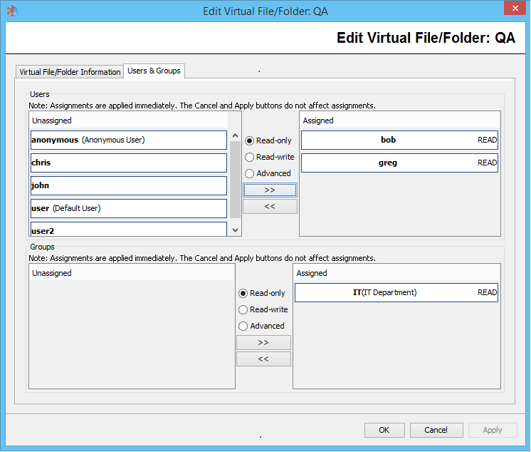 Assigning Virtual Folders to Users and Groups