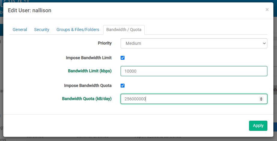 User Bandwidth / Quota Config User Bandwidth / Quota Config
